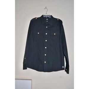 CAVI Men’s Shirt Sz Large Black  Long Sleeve Two Front Flap Pockets Gold Buttons